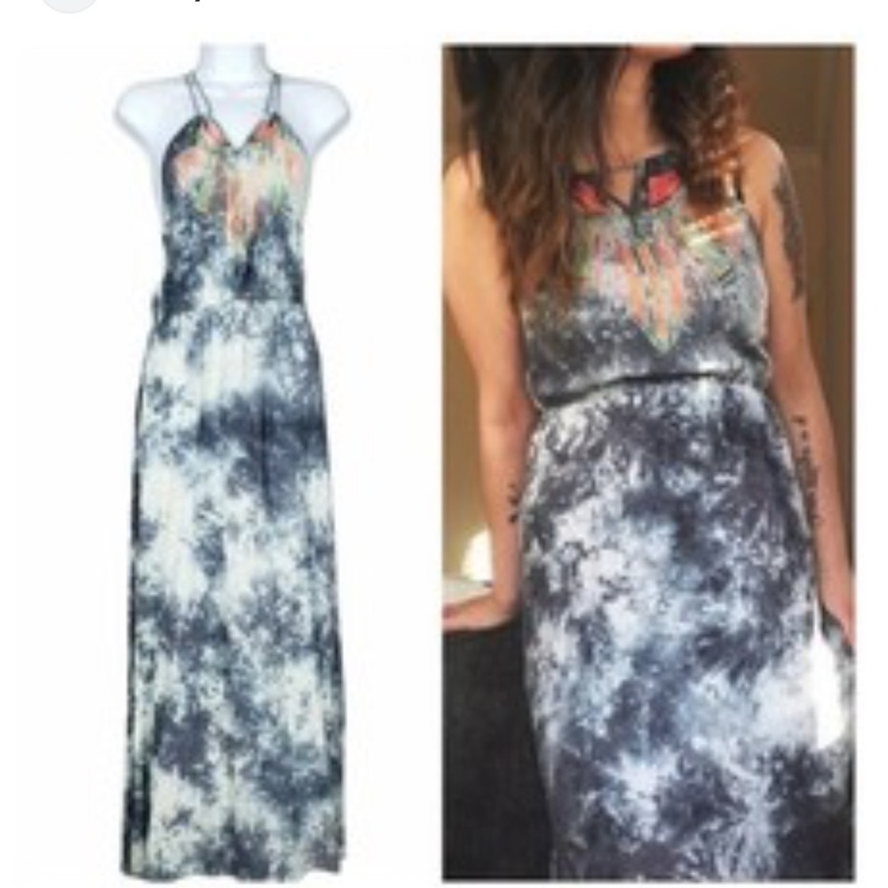 Flying Tomato Grey Tie Dye Neon Embroidered Bohemian Tribal Halter Maxi Dress M